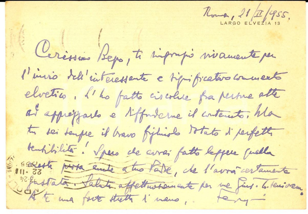 Autografo originale 1955 ROMA Luigi FEDERZONI Biglietto di ringraziamento a uno studioso  AUTOGRAFO 1