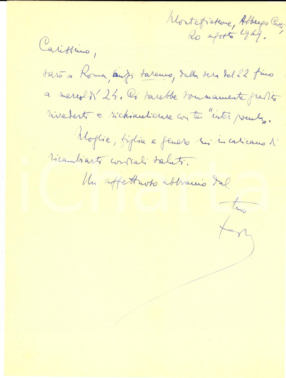 Autografo originale 1949 MONTEFIASCONE Lettera Luigi FEDERZONI per ritorno a Roma  AUTOGRAFO 1