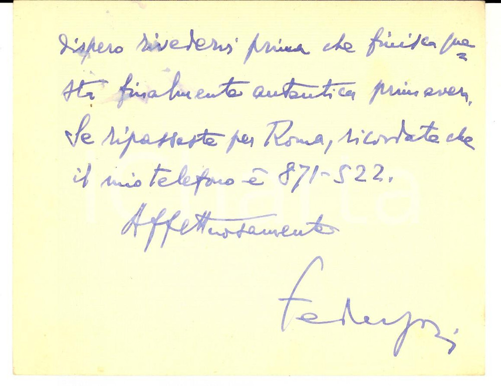 Autografo originale 1955 ROMA Luigi FEDERZONI Biglietto di ringraziamento per auguri  AUTOGRAFO 1