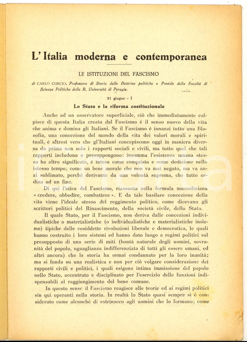Libro, pubblicazione d epoca 1939 PERUGIA Carlo CURCIO Italia moderna  Le istituzioni del fascismo 1