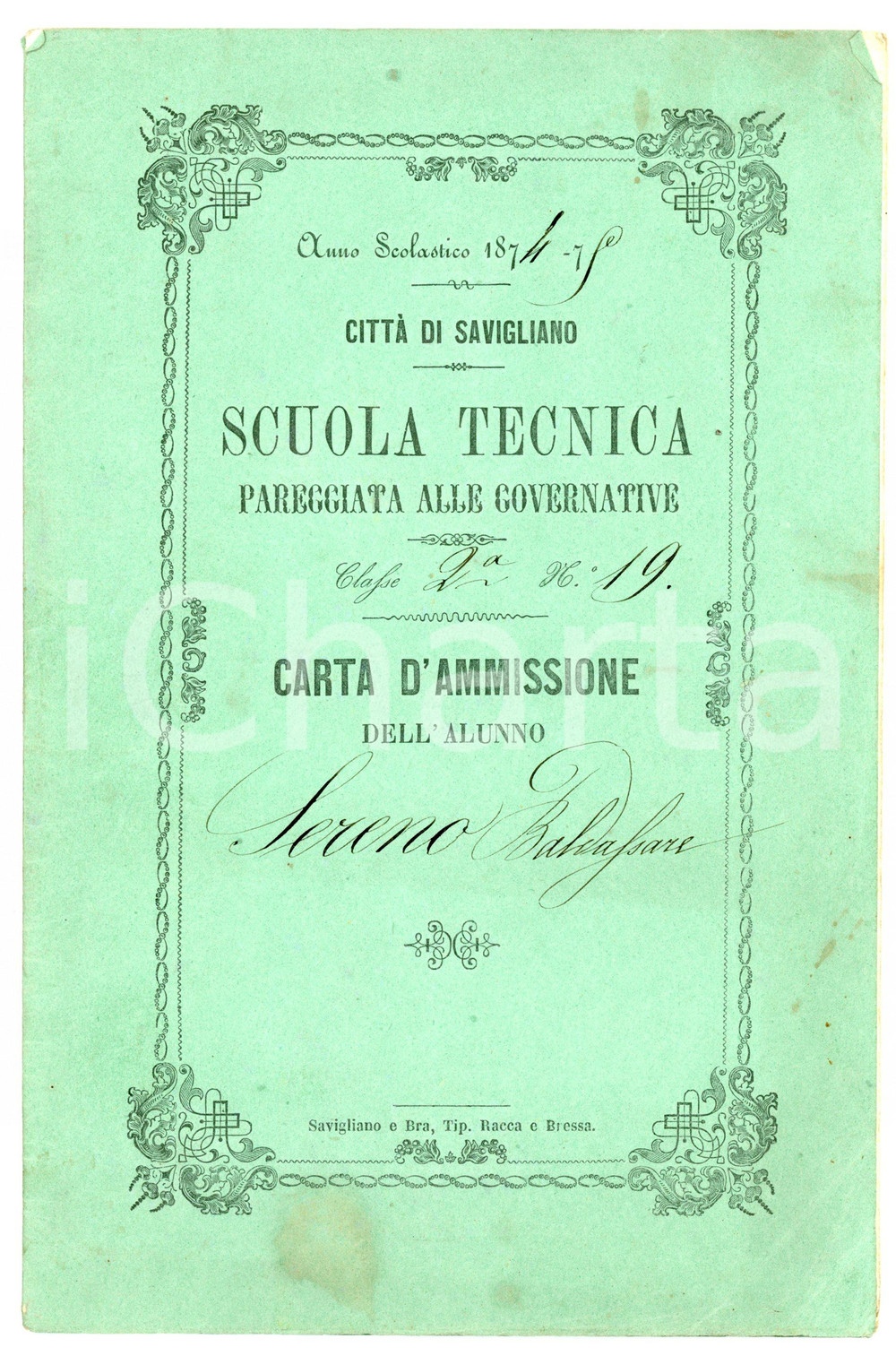1875 SAVIGLIANO (CN) Pagella di Sereno BALDASSARRE - Scuola tecnica - Classe 2^ Pagella d'epoca, ripiegata, con copertina in carta. CONDIZIONI: POOR (piegature e macchie in copertina)FORMATO: 15x23 cm    originale e autentica 1