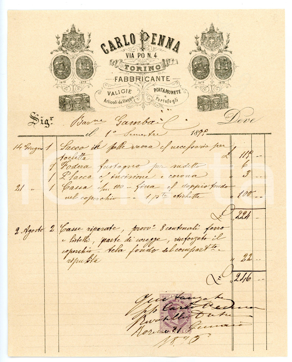 1896 TORINO Via Po - Carlo PENNA Fabbricante di valigie *Fattura intestata  Fattura su carta intestata, con marca da bollo.CONDIZIONI: FAIR (piegature d'epoca)FORMATO: 20x24 cm     originale e autentica 1