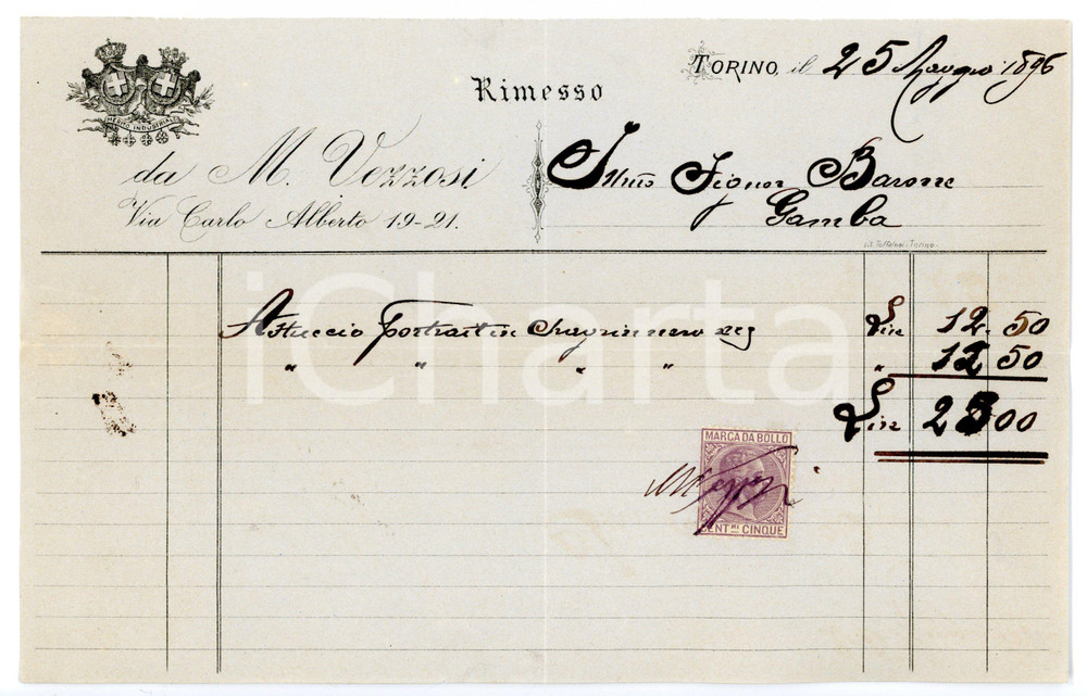 Documento originale, autentico 1896 TORINO Via Carlo Alberto  M. VEZZOSI Fattura intestata con marca da bollo 1
