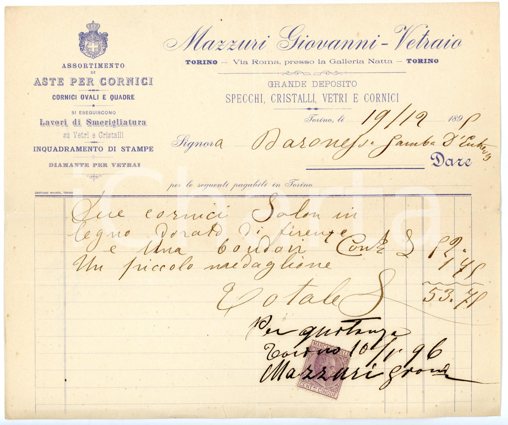 Documento originale, autentico 1896 TORINO Galleria Natta  Giovanni MAZZURI Vetraio Fattura con marca 1