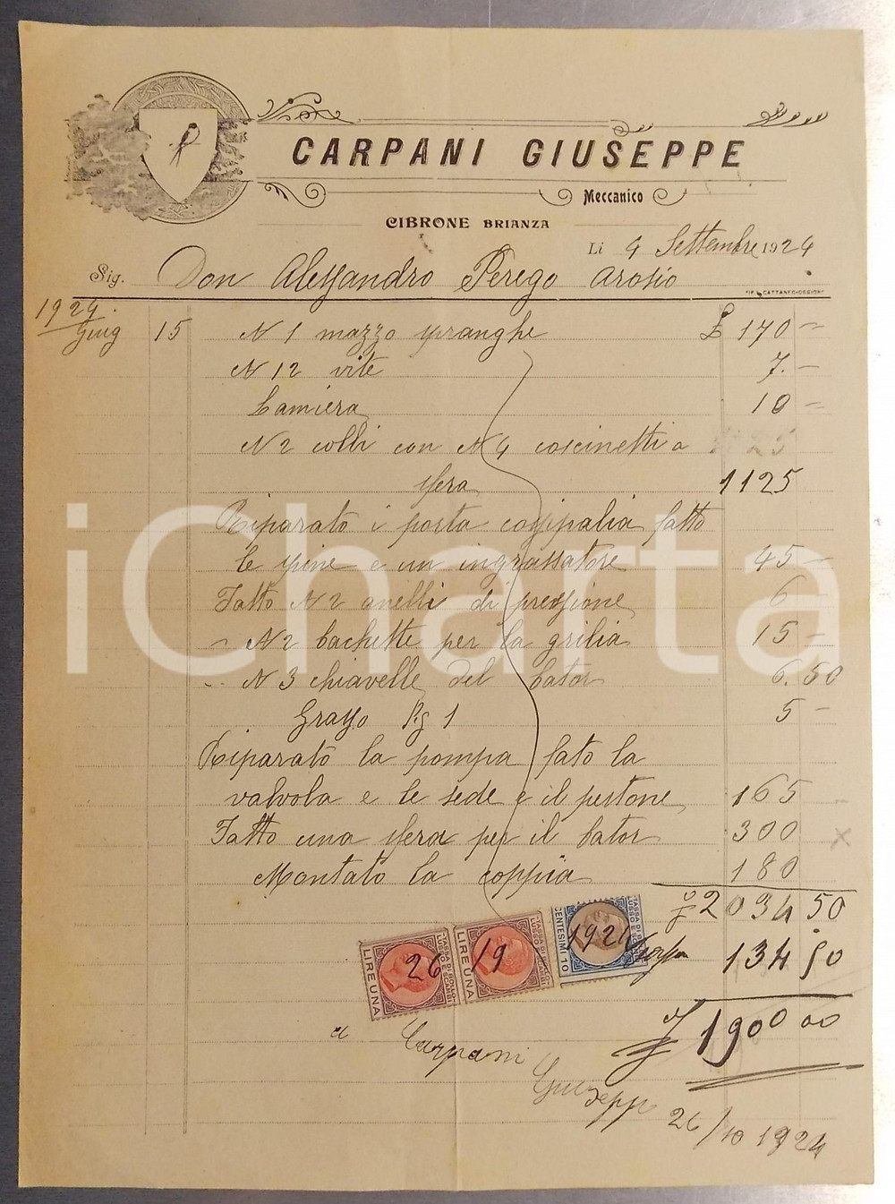 Documento originale, autentico 1924 NIBIONNO  CIBRONE Meccanico Giuseppe CARPANI Fattura con marche da bollo 1