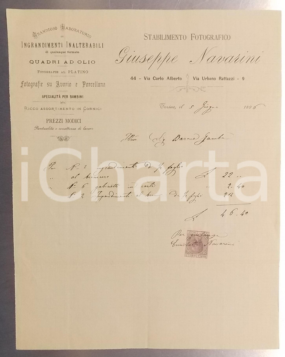 1896 TORINO Giuseppe NAVARINI Stabilimento fotografico *Fattura intestata Fattura su carta intestata, con marca da bollo.CONDIZIONI: FAIR (piegature d'epoca)FORMATO: 22x28 cm      originale e autentica 1
