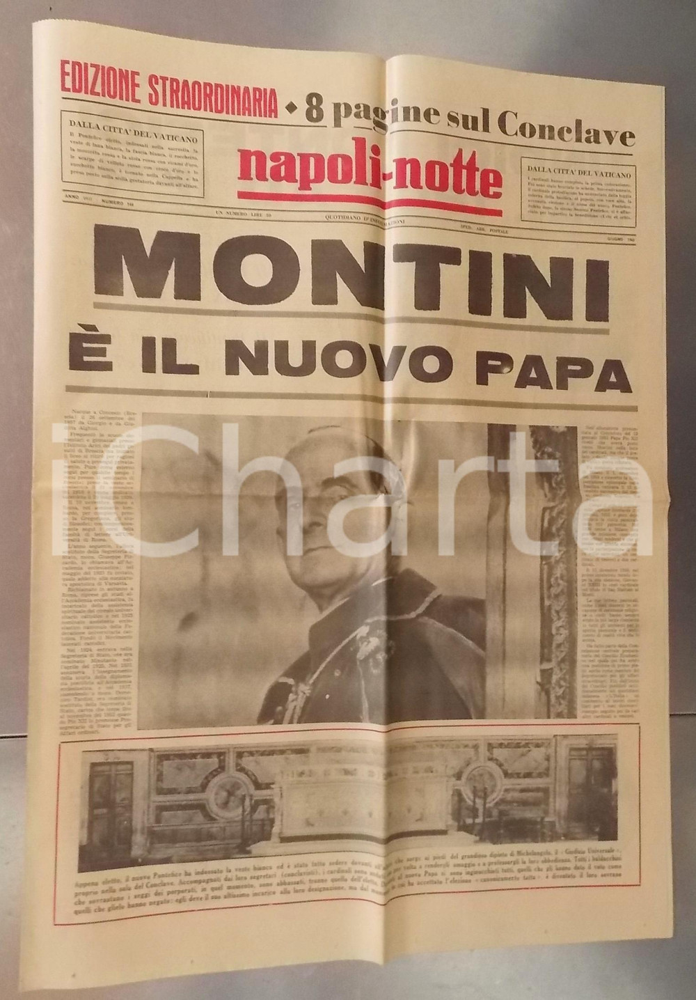 Giornale, rivista storica 1963 NAPOLI NOTTE Giovanni Battista MONTINI Ã¨ il nuovo papa Paolo VI  Giornale 1