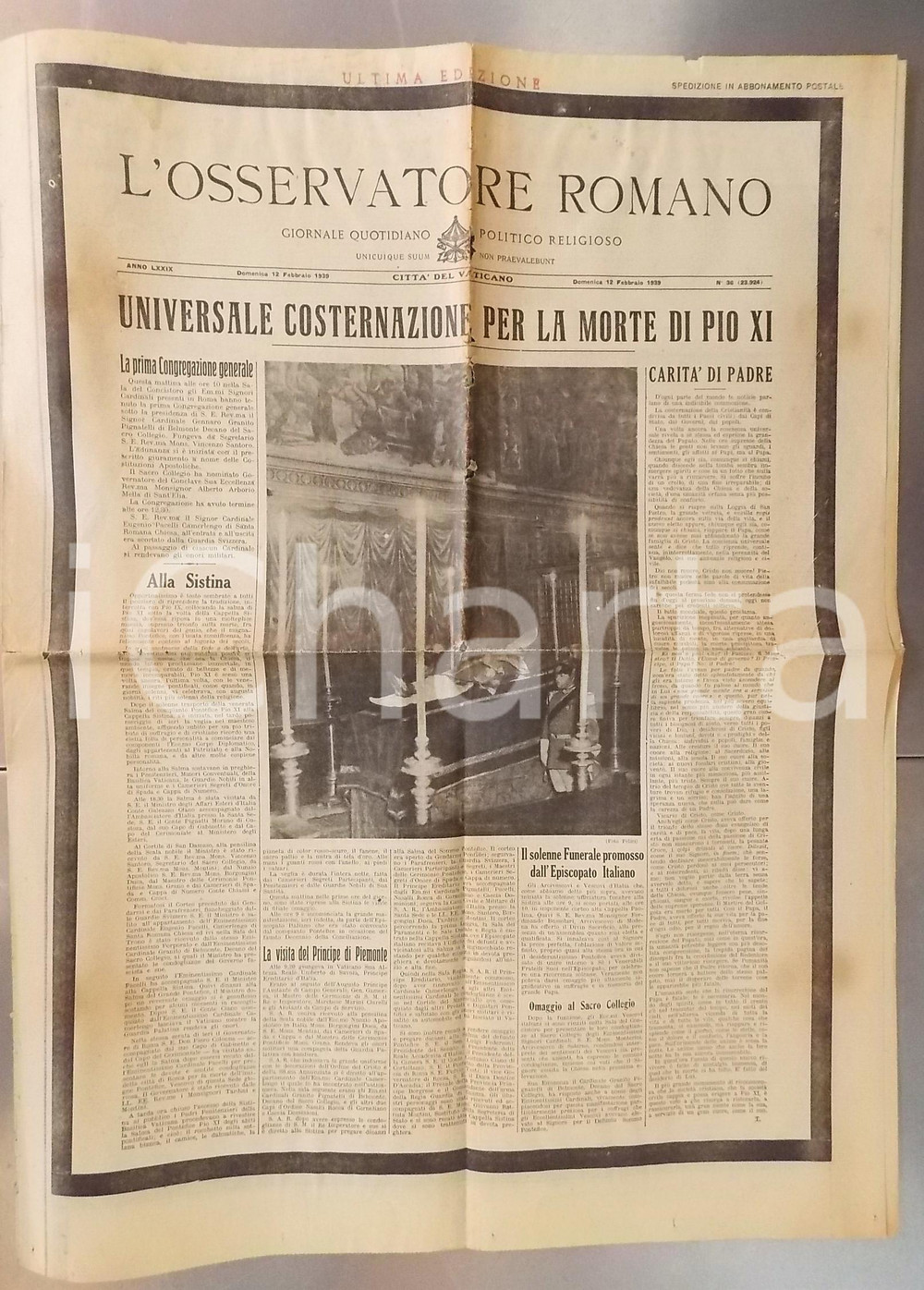Giornale, rivista storica 1939 L OSSERVATORE ROMANO Morte di papa Pio XI  Giornale anno LXXIX  nÂ° 36 1