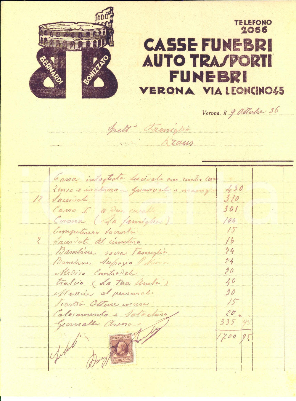 Documento originale, autentico 1936 VERONA Trasporti funebri BERNARDI  BONIZZATO  Fattura intestata 1