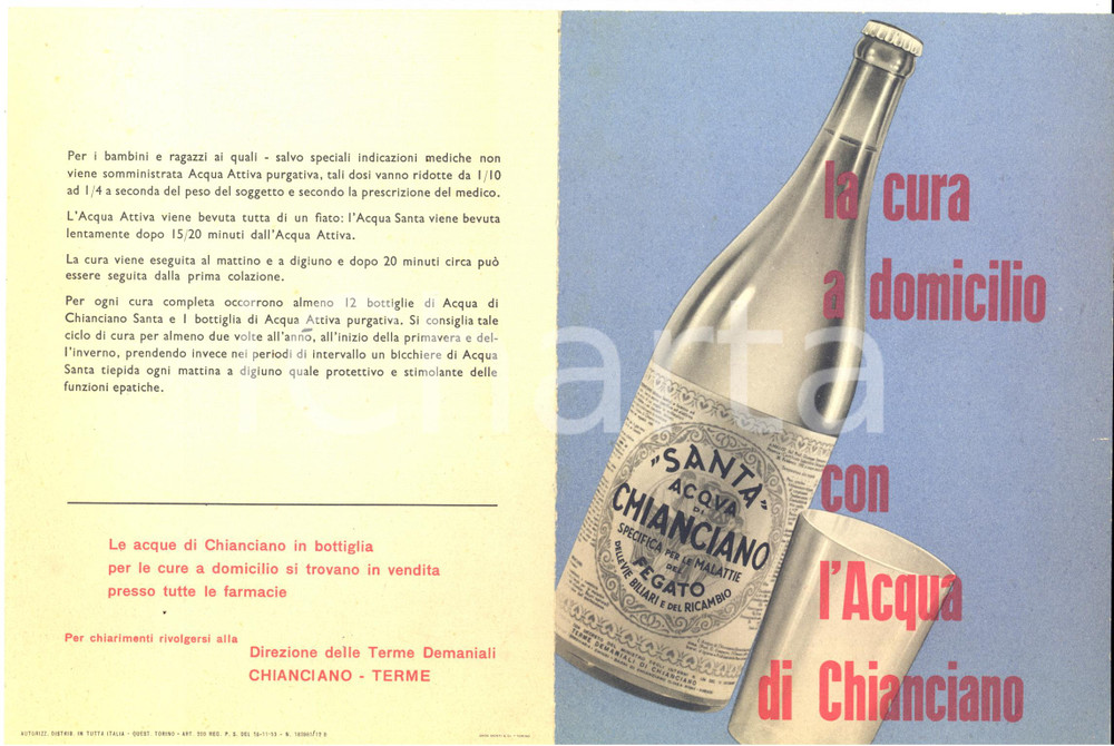1953 Terme di CHIANCIANO -  ACQUA SANTA - Pieghevole pubblicitario Pieghevole pubblicitario d'epoca, illustrato a colori.CONDIZIONI: FAIR (lievi piegature e minimo strappo marginale)FORMATO: 14x20 cm (chiuso)PAGINE: 4 facciate    originale e autentica 1
