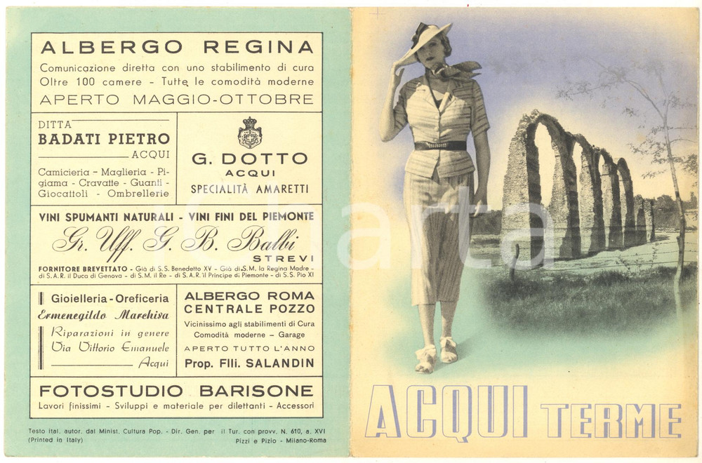 Materiale pubblicitario d’epoca 1938 ACQUI TERME  Pieghevole pubblicitario illustrato con mappa 1