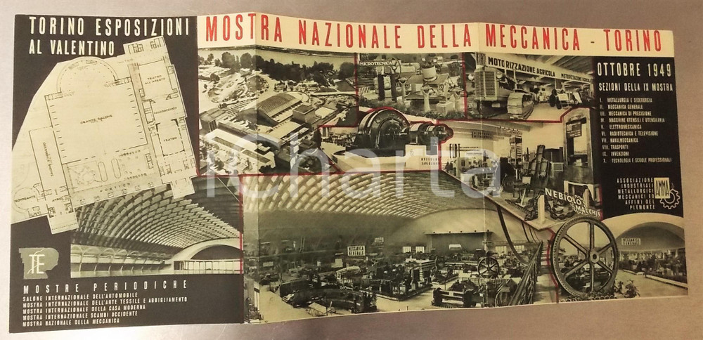1949 TORINO IX Mostra Nazionale della Meccanica - Pieghevole ILLUSTRATO Pieghevole d'epoca, su 6 facciate.CONDIZIONI: G    originale e autentica 1