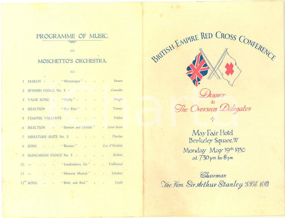 Oggetto da collezione cartaceo 1920 ca LONDON MAY FAIR Hotel  British Empire RED CROSS Conference Dinner Menu 1