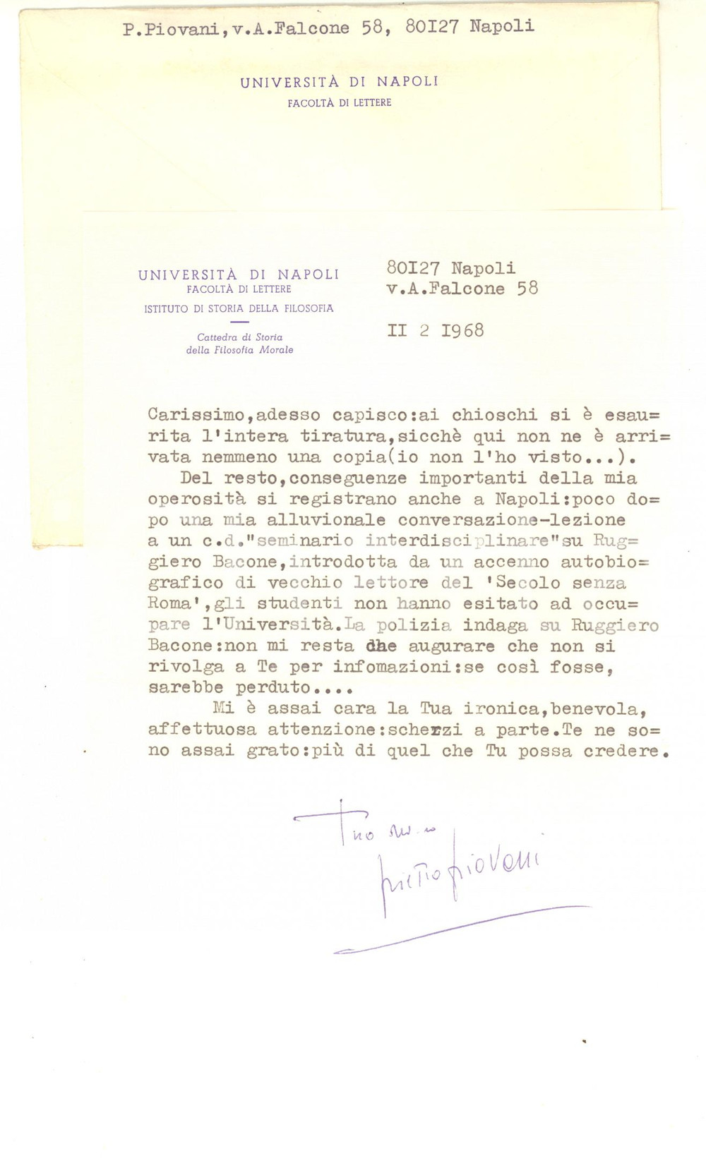 1968 NAPOLI Lettera ironica prof. Pietro PIOVANI a un collega - AUTOGRAFO