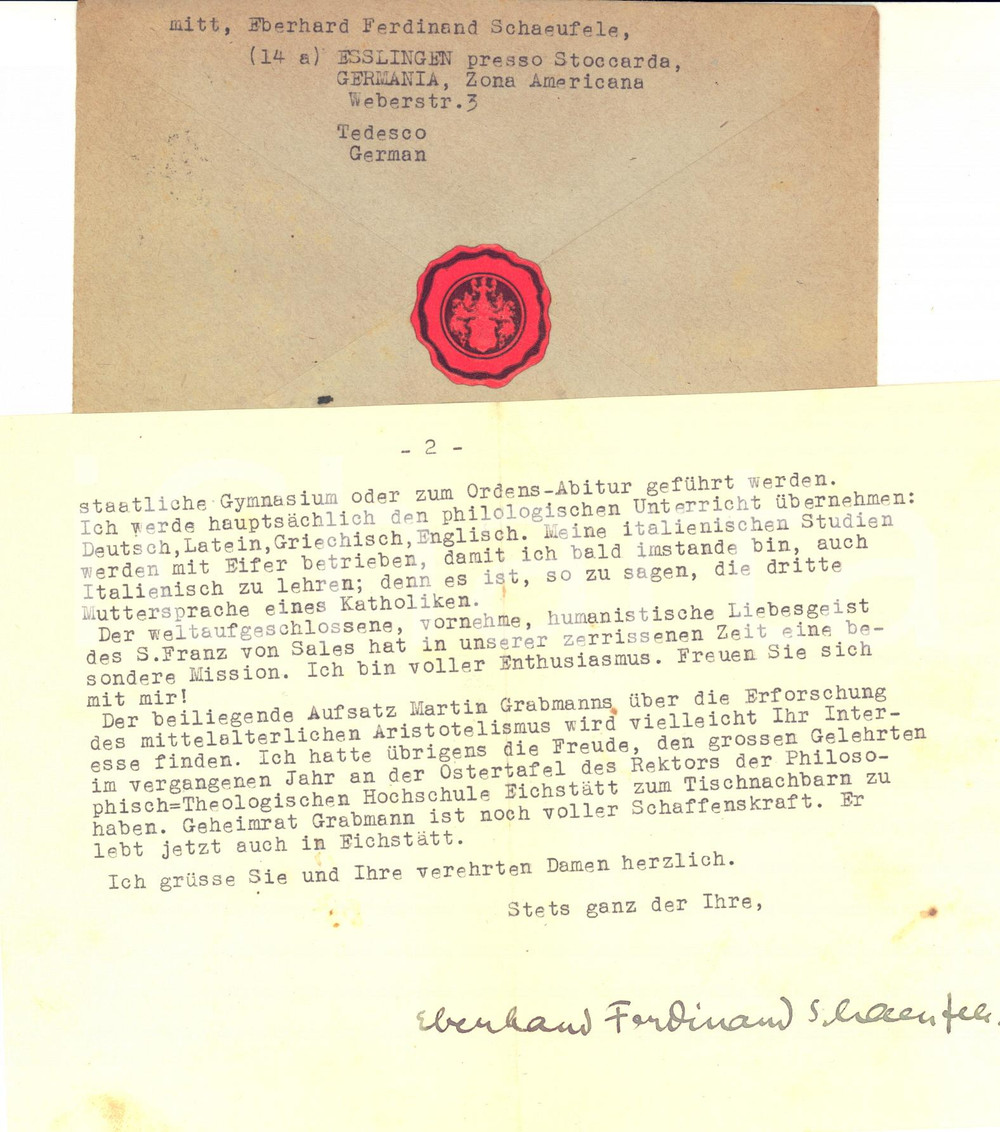 Autografo originale 1947 ESSLINGEN Eberhard F. SCHAEUFELE e le prospettive di insegnamento AUTOGRAFO 1