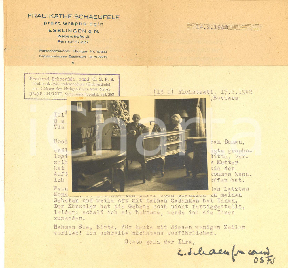 Autografo originale 1948 EICHSTAETT Lettera Eberhard e Kathe SCHAEUFELE  AUTOGRAFO 1