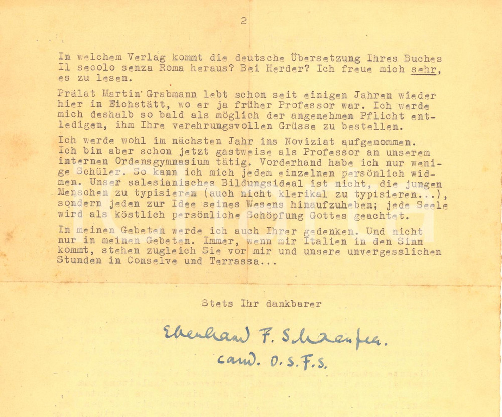 Autografo originale 1947 EICHSTAETT Eberhard SCHAEUFELE al monastero degli Oblati  AUTOGRAFO 1