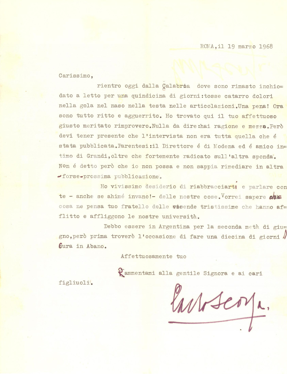 Autografo originale 1968 ROMA Lettera Carlo SCORZA su intervista da rettificare  Autografo 1