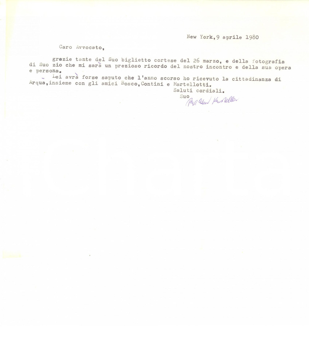 Autografo originale 1980 NEW YORK Paul Oskar KRISTELLER cittadino onorario di ArquÃ   AUTOGRAFO 1