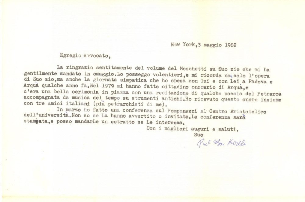1982 NEW YORK Paul Oskar KRISTELLER ricorda la cittadinanza di Arquà - AUTOGRAFO