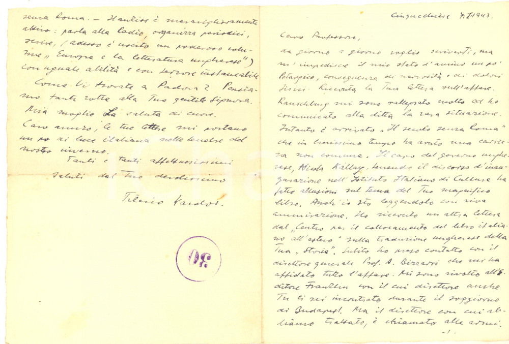 Autografo originale 1943 PECS UNGHERIA Tiberio KARDOS e gli studi sul Rinascimento  Autografo 1