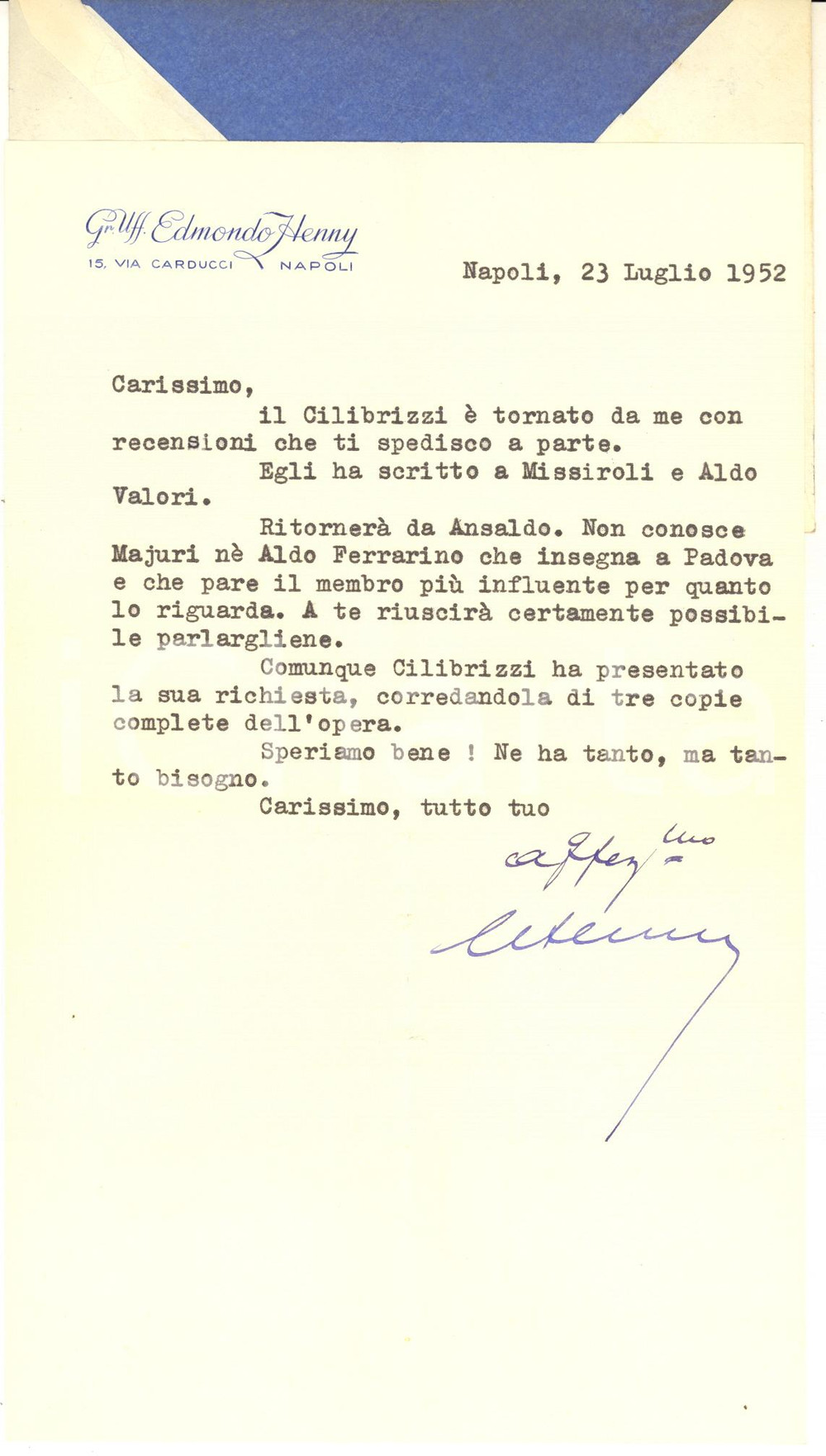 Autografo originale 1952 NAPOLI Lettera Gr. Uff. Edmondo HENNY per recensioni  Autografo 1