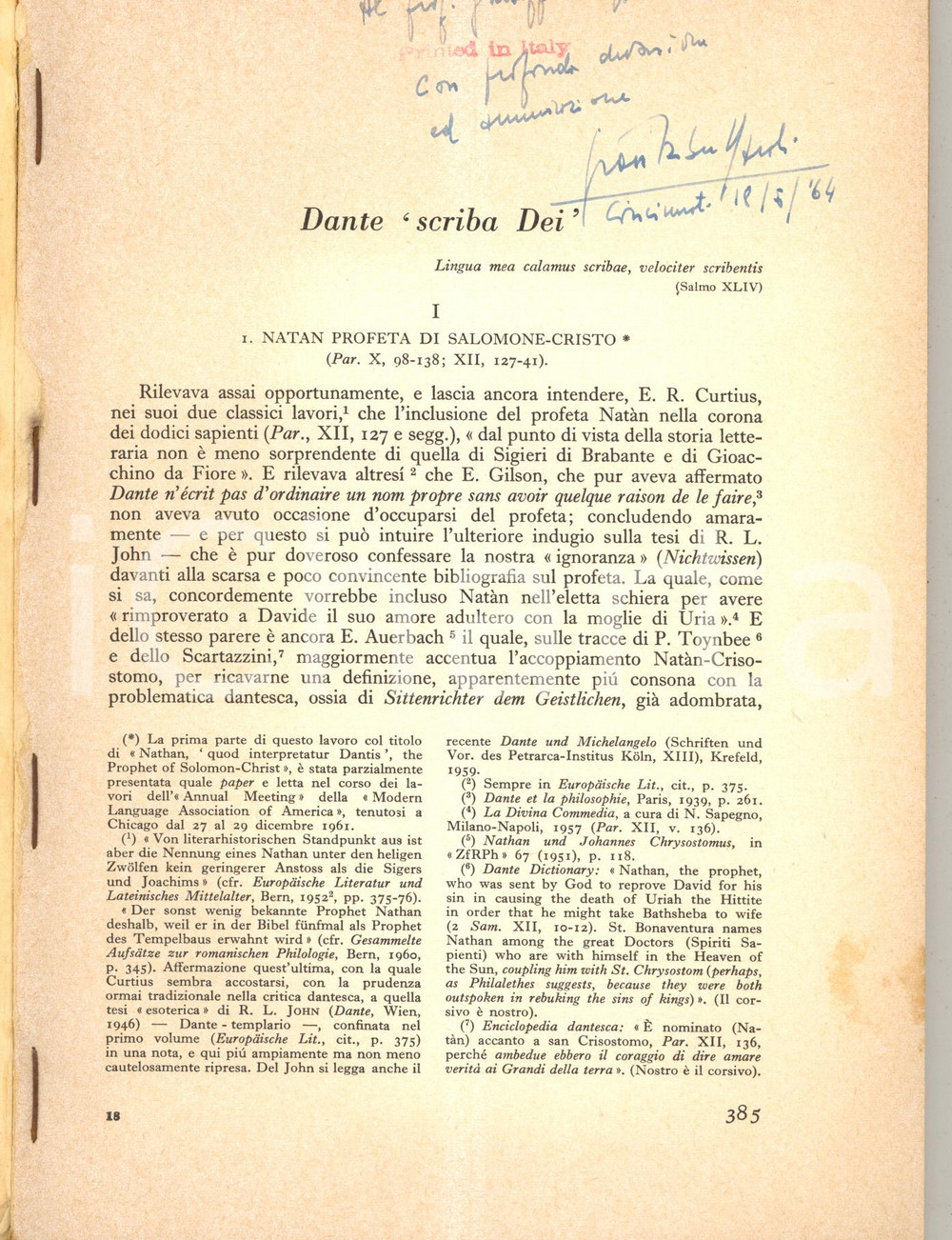 Libro, pubblicazione d epoca 1963 Gian Roberto SAROLLI Dante Scriba Dei  Invio autografo 90 pp. 1