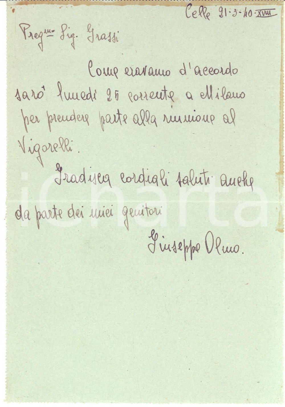 1940 CELLE LIGURE Ciclista Giuseppe OLMO conferma una gara - AUTOGRAFO Biglietto postale interamente autografo del ciclista Giuseppe Olmo, viaggiato.CONDIZIONI: G    originale e autentica 1