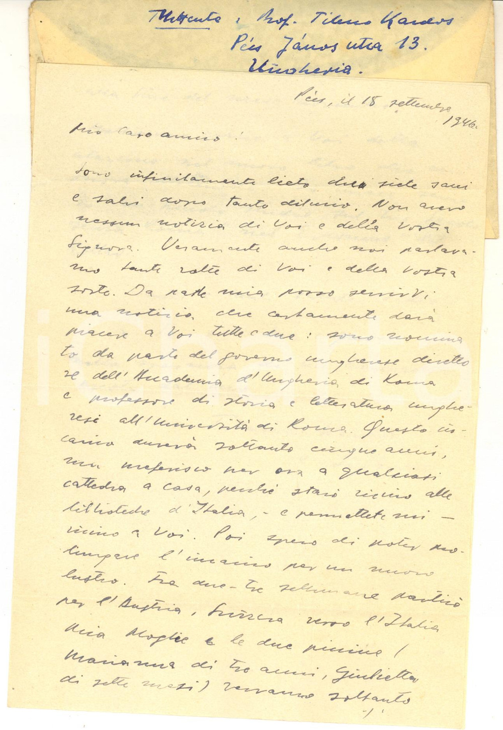 Autografo originale 1946 PECS UNGHERIA Tiberio KARDOS nominato professore a Roma  AUTOGRAFO 1