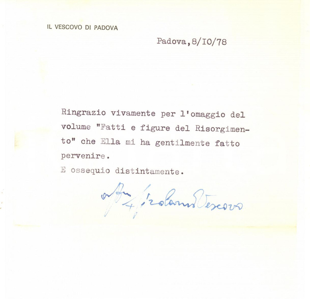 Autografo originale 1978 PADOVA Lettera mons. Girolamo BORTIGNON per libro ricevuto  AUTOGRAFO 1