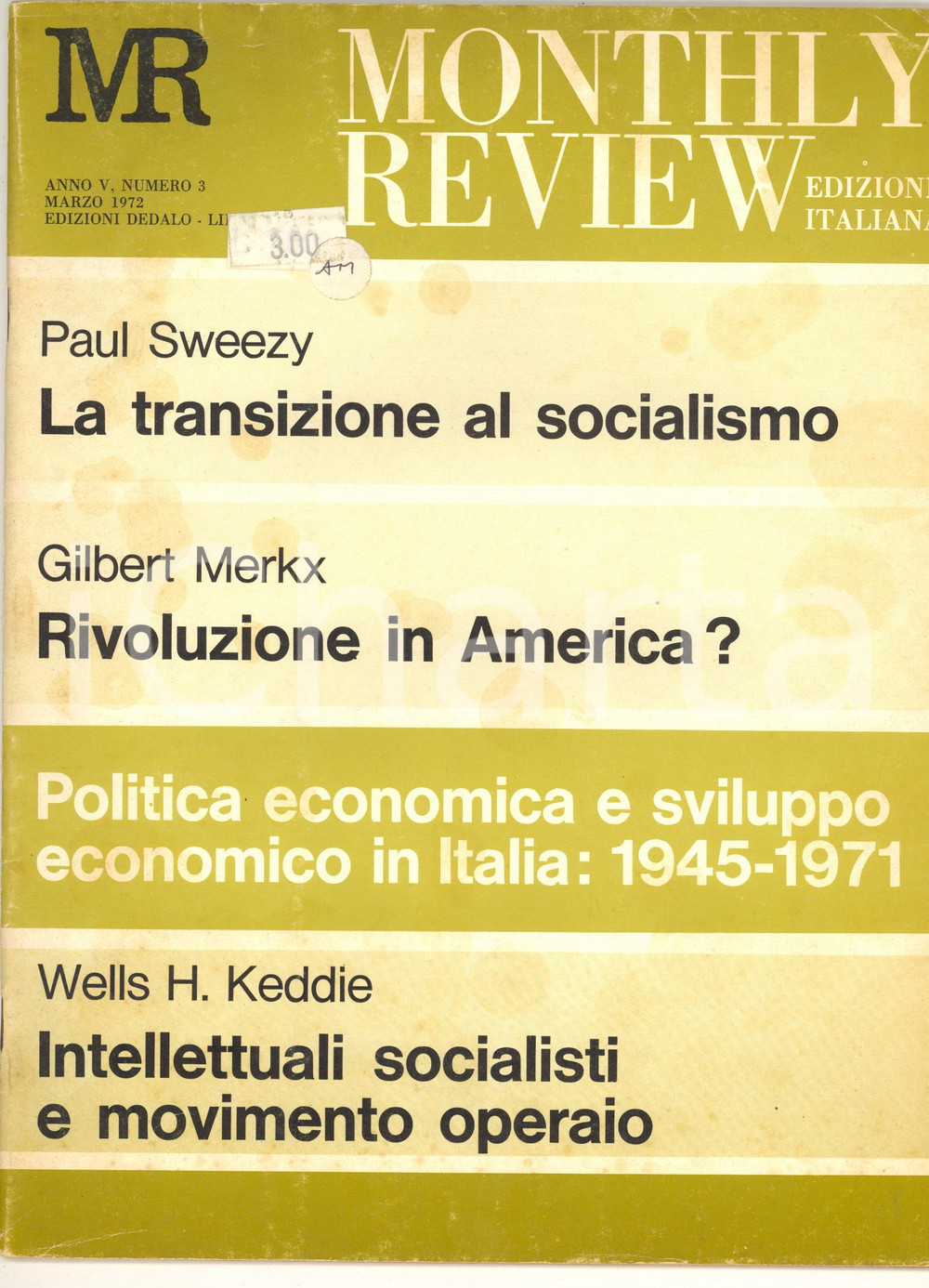 Giornale, rivista storica 1972 MONTHLY REVIEW Rivoluzione in America?  Rivista nÂ° 3 1