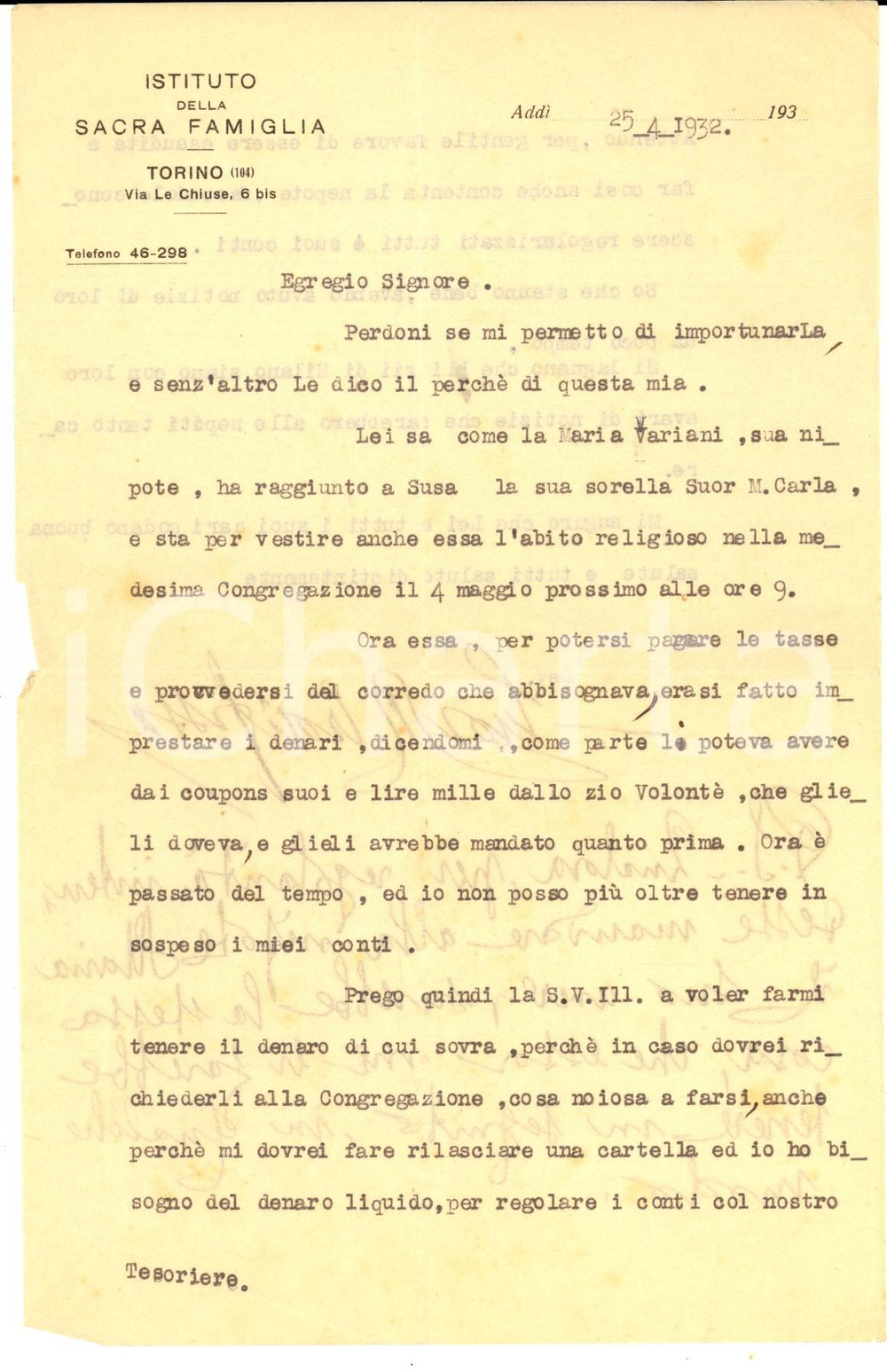1932 TORINO Istituto SACRA FAMIGLIA Suor Maria Crocifissa per corredo novizia Lettera su carta intestata, dattiloscritta con firma e note autografe CONDIZIONI: FAIR (piegature d'epoca)FORMATO: 14x9 cm     originale e autentica 1