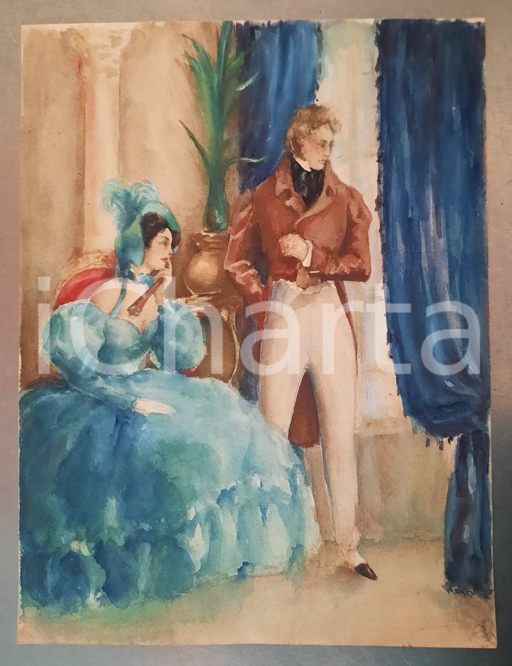 Opera d’arte autentica 1950 ca ARTE ANONIMO Ritratto di coppia in abiti storici  Bozzetto 24x31 cm 1