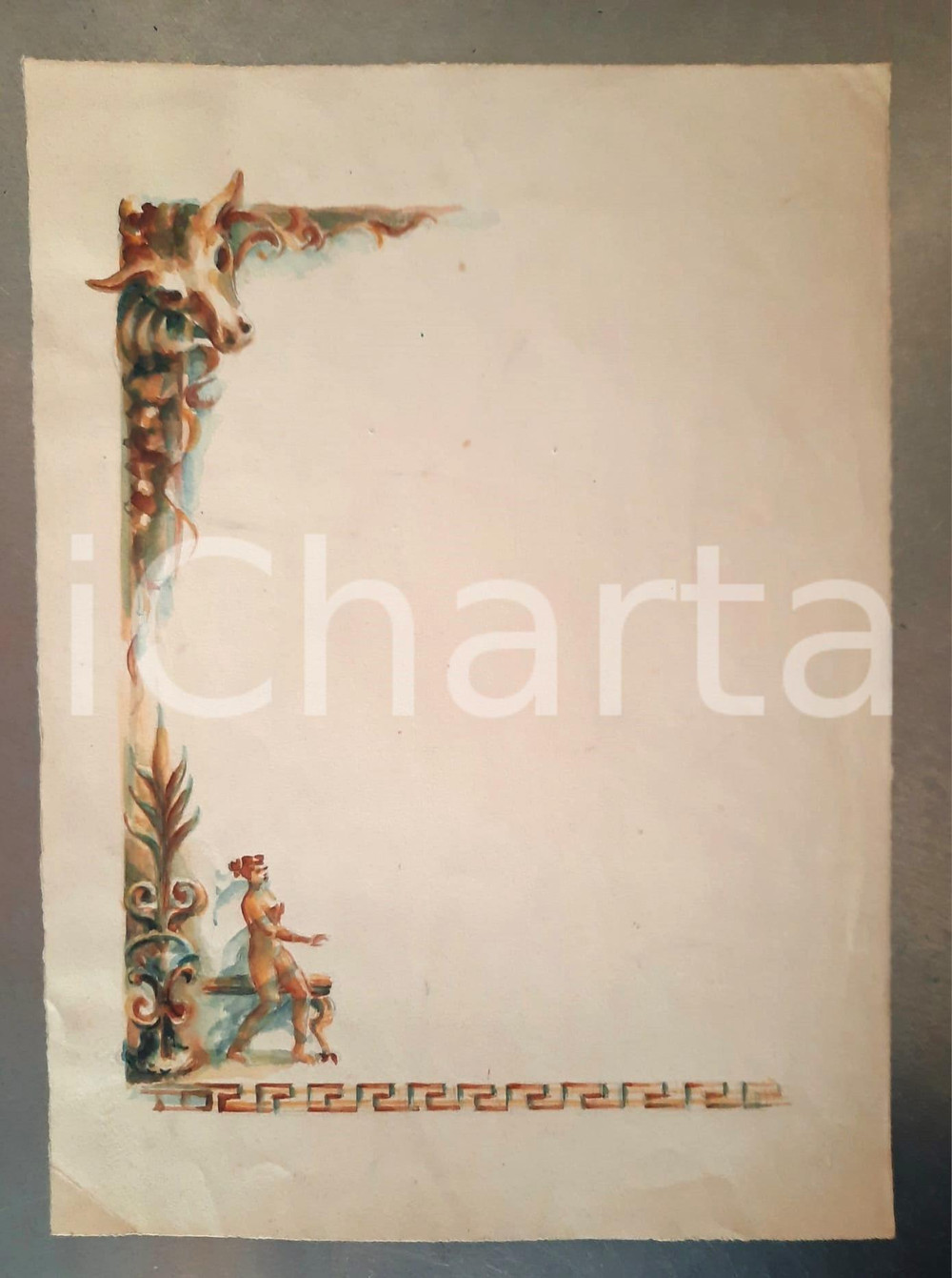 Stampa, bozzetto originale 1950 ca ARTE Bozzetto per decorazione con ninfa e greca  Acquerello 24x33 cm 1
