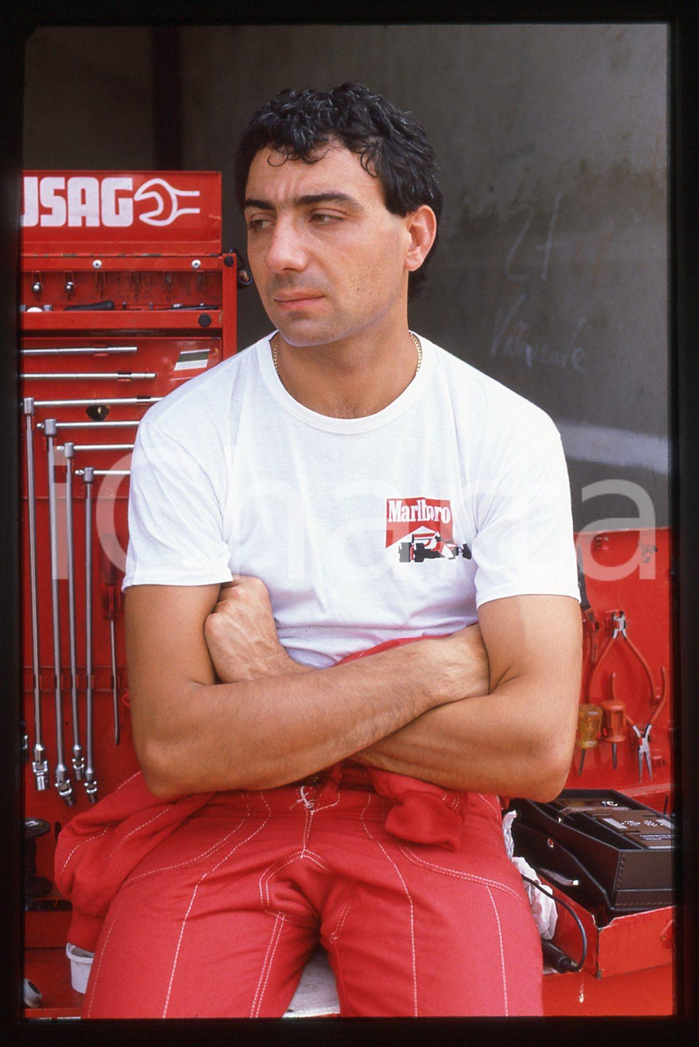 35mm vintage slide* 1985 ca GP MONZA Michele ALBORETO scuderia FERRARI Ritratto