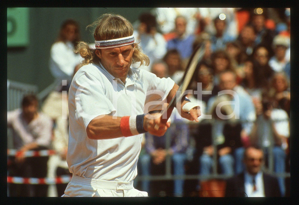 35mm vintage slide* 1991 MONTE CARLO OPEN - Bjorn BORG in azione durante match 3