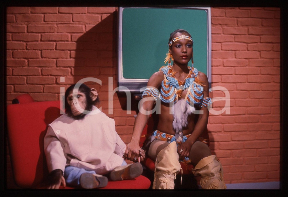 Fotografia d epoca originale 35mm vintage slide 1985 RAI2 IL TASTOMATTO Amii STEWART con la scimmietta Lola 2 1
