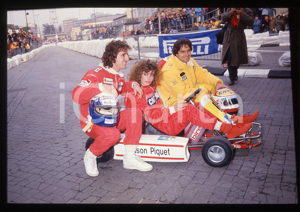 Fotografia d epoca originale 35mm vintage slide 1988 AIRC Gara beneficenza  Nelson PIQUET con Alain PROST 1