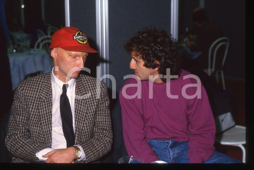 Fotografia d epoca originale 35mm vintage slide 1988 FORMULA1 Niki LAUDA ritratto con Alain PROST 1