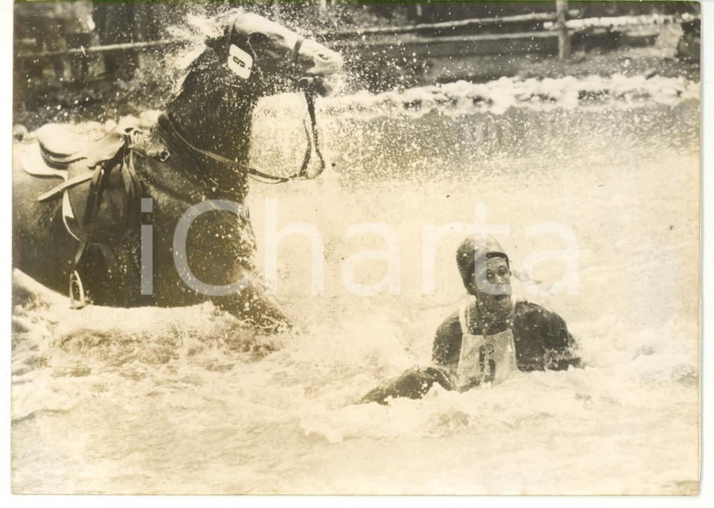 1956 STOCCOLMA XVI Olimpiade - EQUITAZIONE Caduta di Reijo KUISTILA da LAMORA Fotografia d'epoca, con didascalia coeva al verso. CONDIZIONI: GFORMATO: 18x13 cm    originale e autentica 1