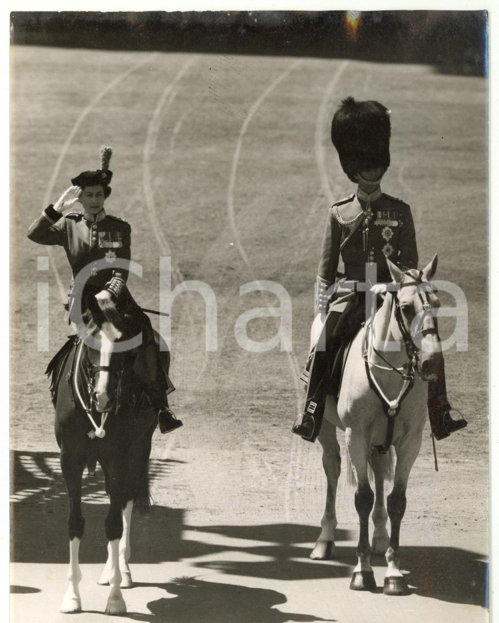 1957 LONDON Trooping the Colour ceremony  - Queen ELIZABETH II with a Kingsguard