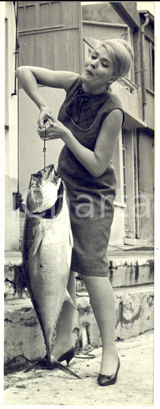 1962 MARSEILLE Corinne MARCHAND avec un thon sorti des filets *Photo 8x22 cm Fotografia d'epoca.  CONDIZIONI: G     originale e autentica 1