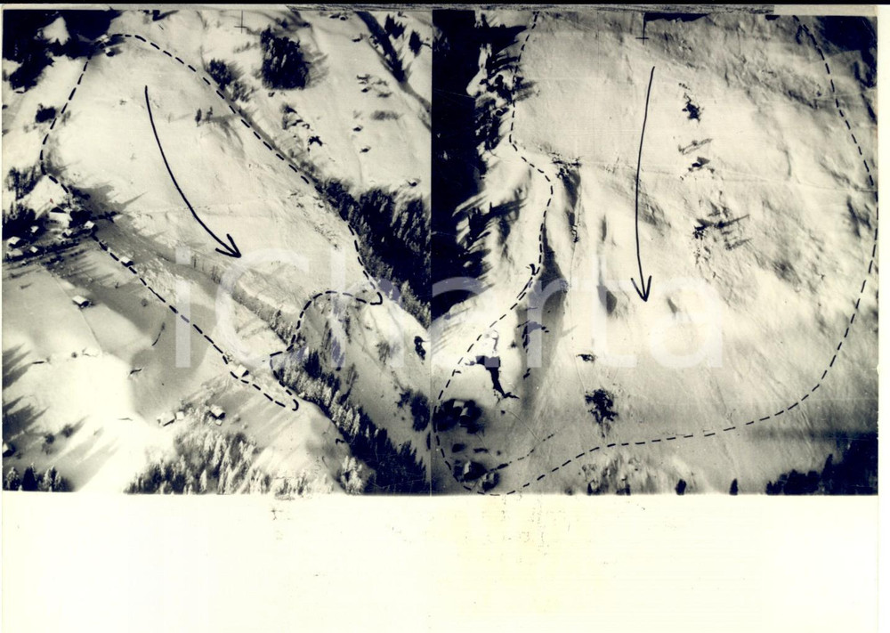 1954 BLONS (AUSTRIA) Veduta della catastrofica valanga - Foto 18x13 cm Fotografia d'epoca, realizzata mediante accostamento di due immagini, con didascalia coeva al verso e ritocchi manuali.  CONDIZIONI: G    originale e autentica 1