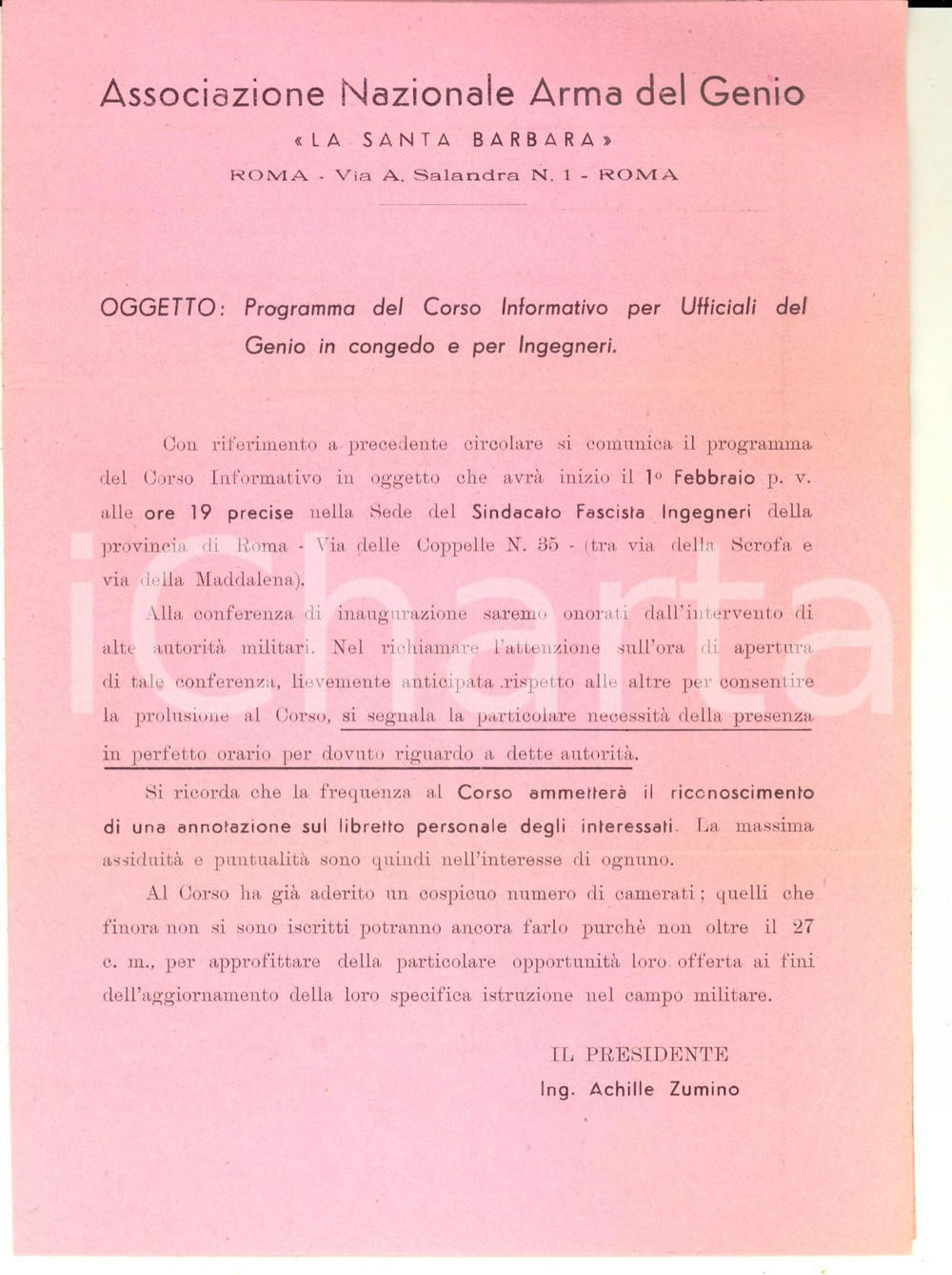 1937 ROMA Associazione Arma del Genio LA SANTA BARBARA - Programma corso  Documento d'epoca a stampa.PAGINE: 4CONDIZIONI: G (ma piegature di spedizione d'epoca).      originale e autentica 1