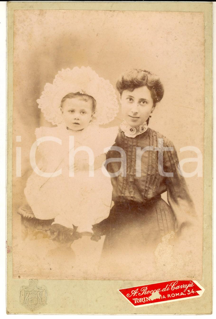 Fotografia d epoca originale 1890 ca TORINO Ritratto di madre con la figlia  Foto A. ROCCA  CAVAJÃ€ 11x16 cm 1