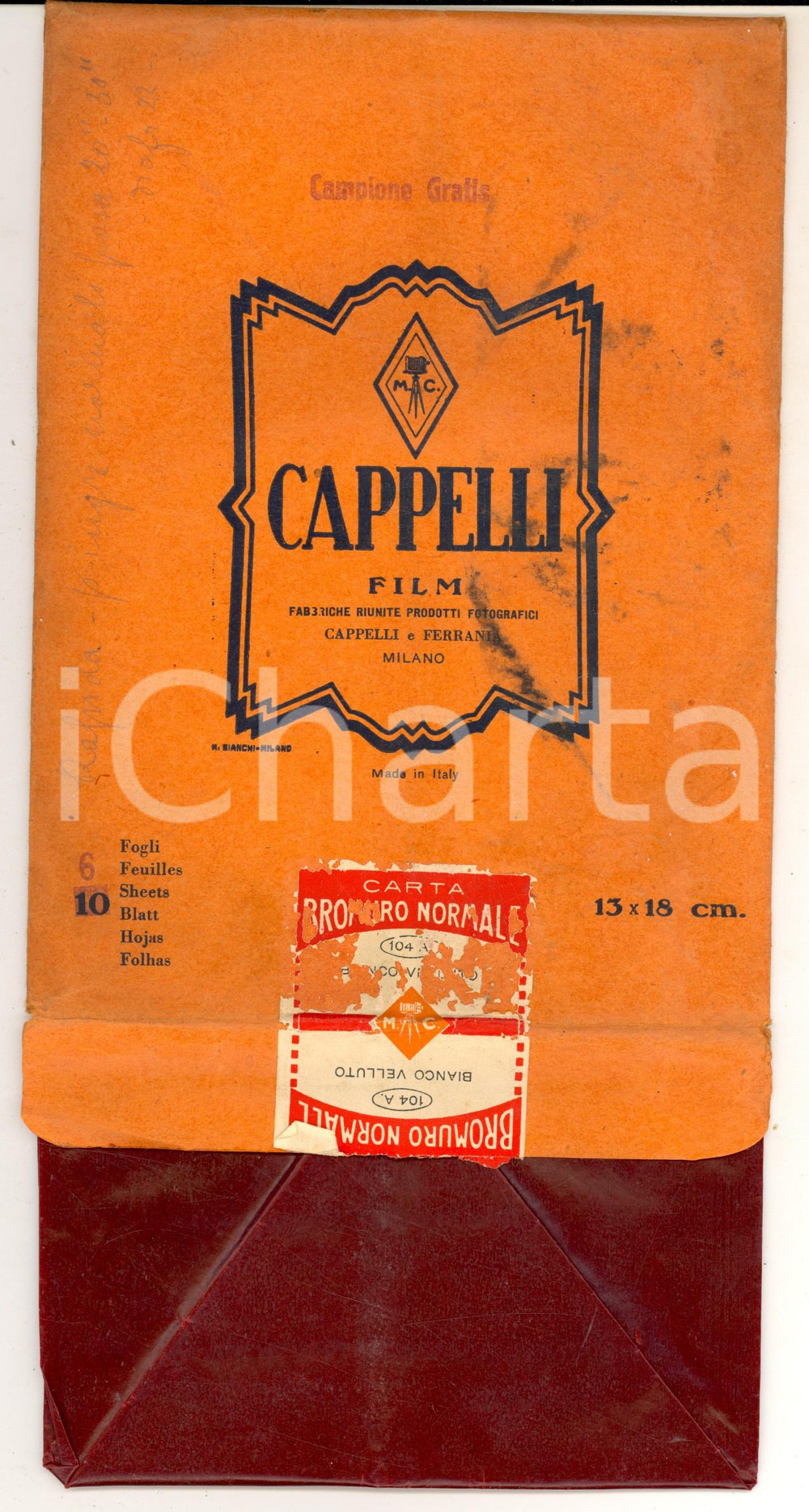 1910 ca CAPPELLI FILM Campione carta BROMURO NORMALE con busta PUBBLICITARIA
