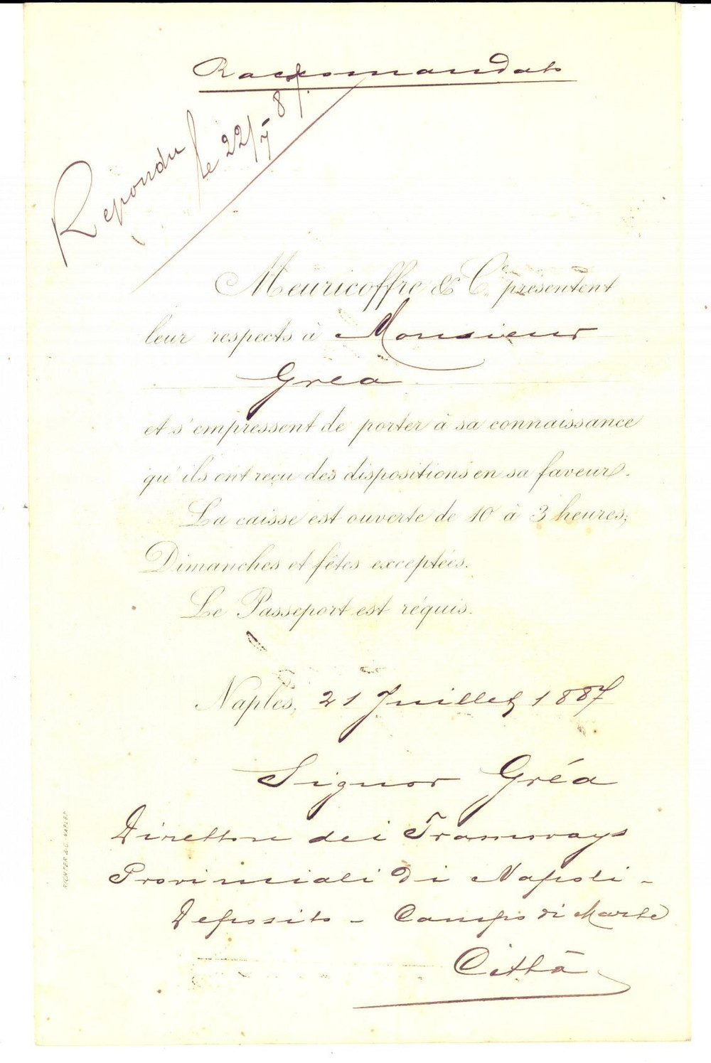 1887 NAPOLI Banca MEURICOFFRE & C. - Lettera a correntista per deposito Documento d'epoca a stampa, con inserti manoscritti.PAGINE: 4 (3 bianche)CONDIZIONI: POOR (piegatura centrale d'epoca e bruniture).    originale e autentica 1