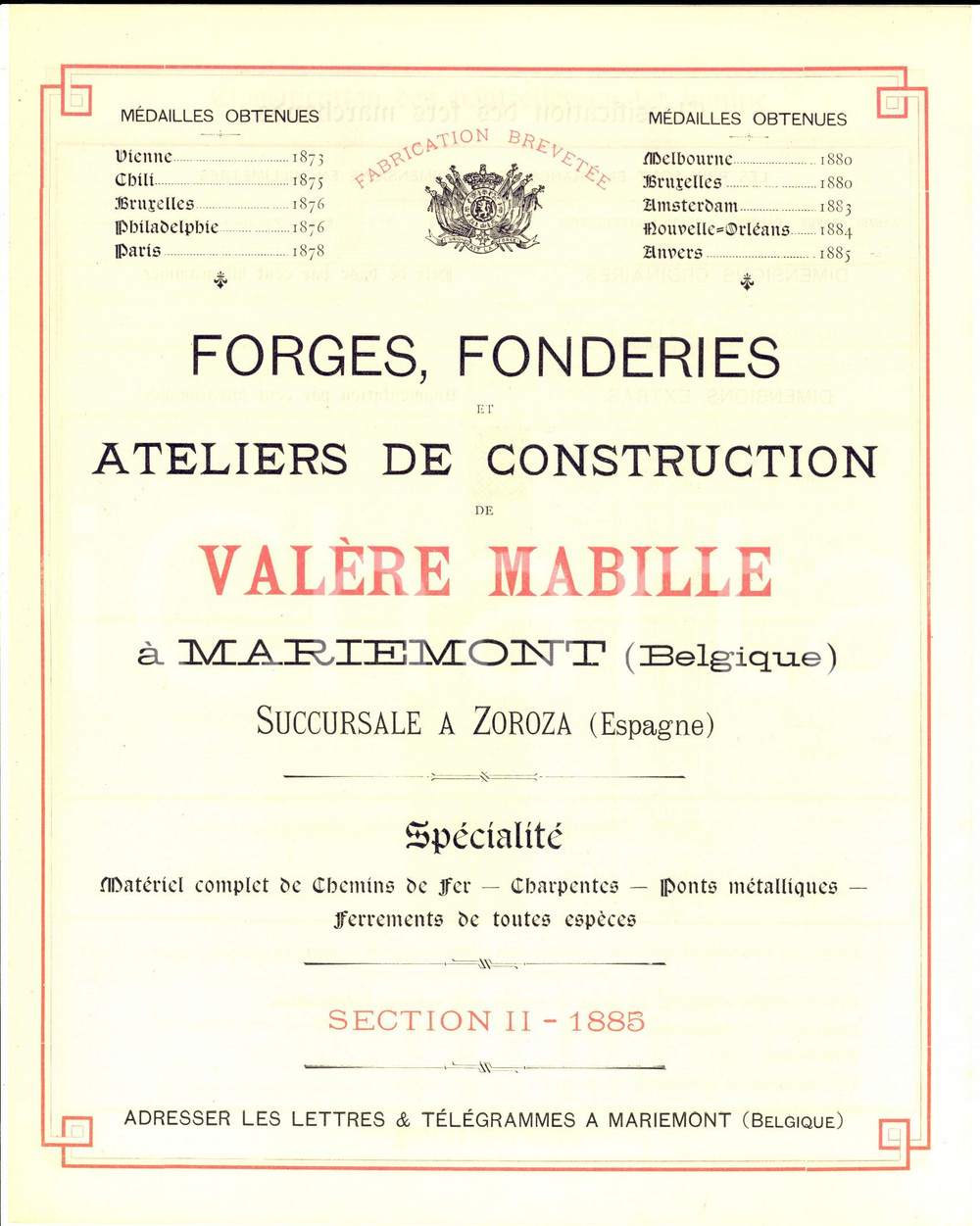 1885 MARIEMONT Fonderies VALERE MABILLE - Fers et poutrelles - Brochure Pubblicazione pubblicitaria, realizzata in forma di listino.PAGINE: 4 CONDIZIONI: FAIR (piegatura centrale d'epoca)FORMATO: 27x21 cm  originale e autentica 1