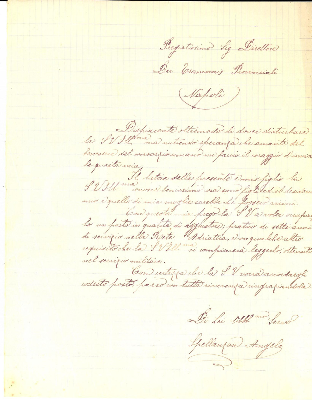 1889 ITALIA Lettera di Angelo SPELLANZON per raccomandare il figlio aggiustatore Interessante lettera di raccomandazione di un padre, destinata a impiegare il figlio aggiustatore meccanico.CONDIZIONI: POOR (piegature d'epoca evidenti, minimi tagli marginali)PAGINE: 1    originale e autentica 1