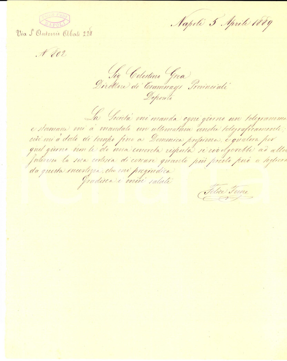 1889 NAPOLI Impresario Felice FUNE sollecita risposta per un lavoro - Lettera Lettera manoscritta, su carta intestata.Filigrana Al. Lattes - Napoli.CONDIZIONI: FAIR (piegature d'epoca)PAGINE: 1    originale e autentica 1
